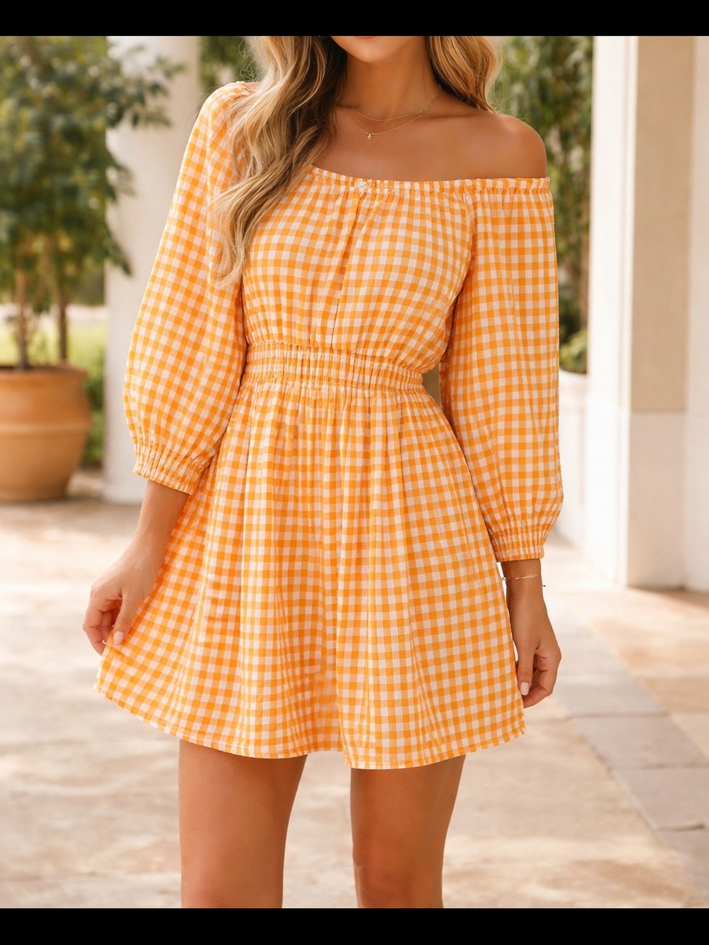 C Est 1946 Women's Of Shoulder Mini Dress Orange Checkered Size XL